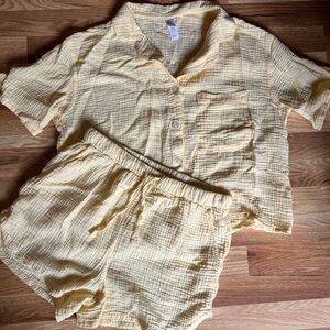 Butter Yellow Button-Up Shirt and Shorts Lounge Set